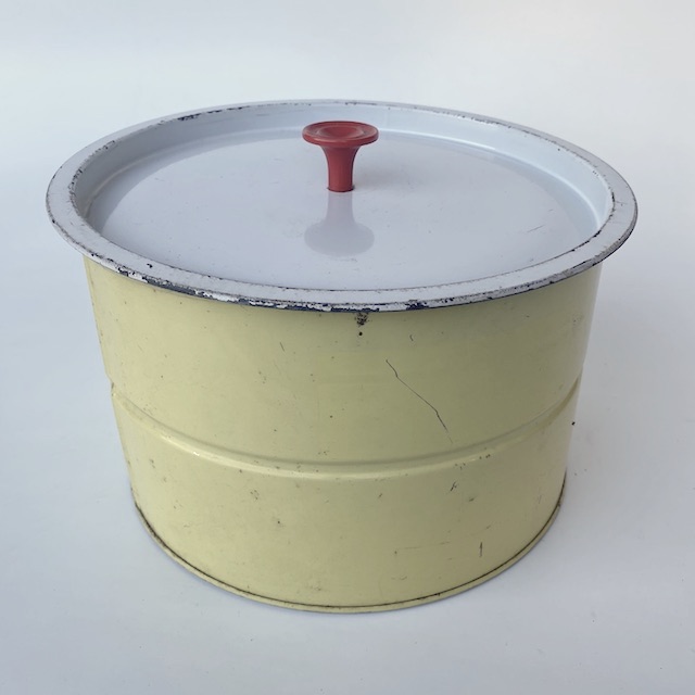 CAKE TIN, 1950s Lemon Yellow w White Lid